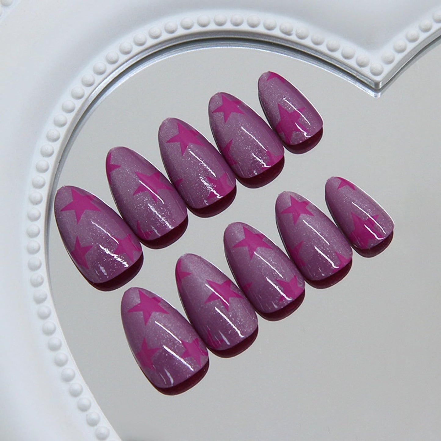 MISUD Press on Nails - Short Almond Fake Nails with Purple Star, Acrylic Bling Cat Eye Design 24 pcs