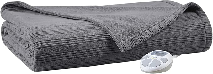 Serta Travis Fleece Ultra Soft Tri-Rib Textured Electric Blanket, Cozy and Snuggly Cover Fast Heating for Cold Weather, Auto Shut Off, Multi Heat Setting Controller, Full, Charcoal