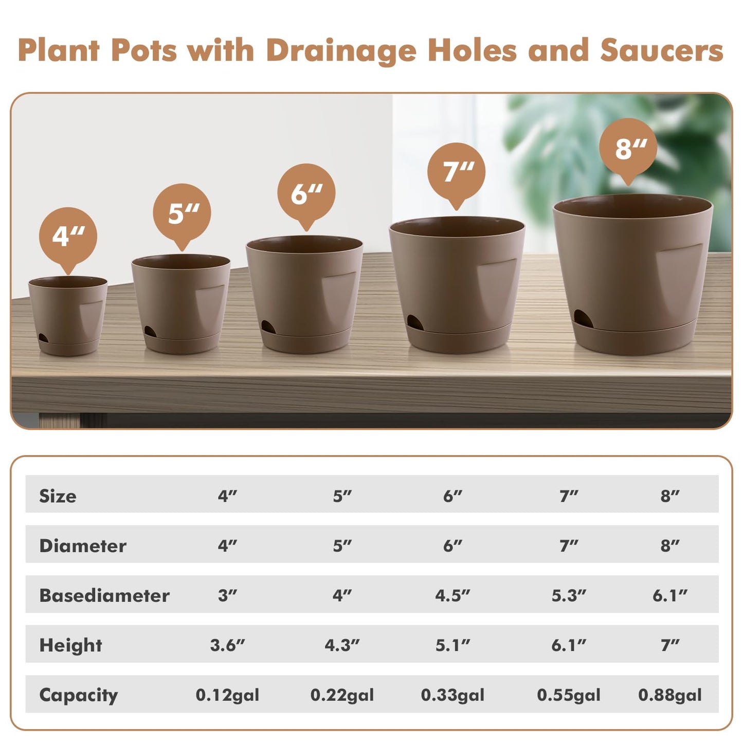 KvyusFlourish 5 Pack 4/5/6/7/8 Inch Plant Pots with Drainage Holes and Saucers Plastic Flower Pots for Indoor Plants Garden Planters Modern Houseplant Pots, Chocolate, Mixed Set