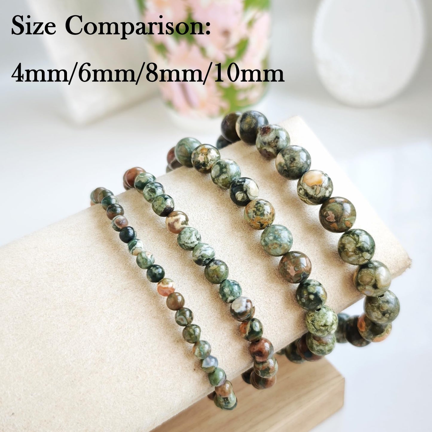 Handmade Natural Gemstone Elastic Bracelet - Healing Crystal Beads Jewelry, Unisex (Green Rainforest Jasper, 8mm)