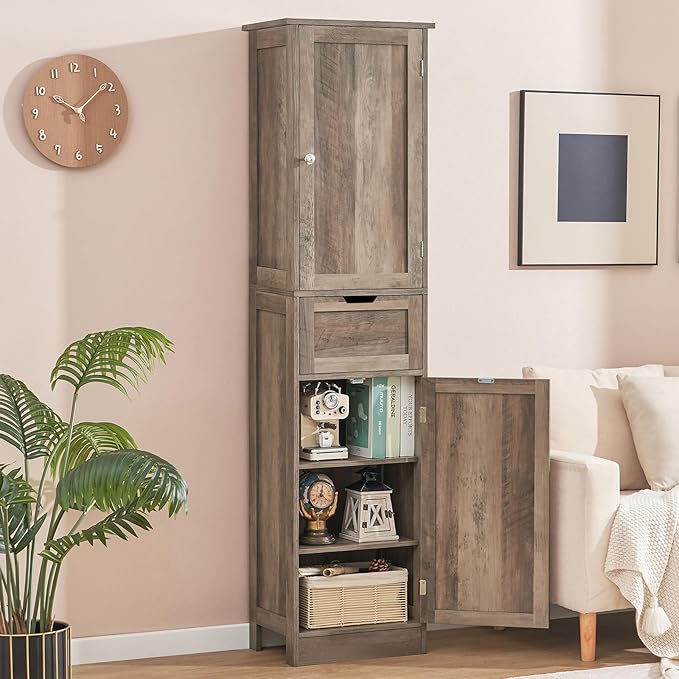 Iwell 67" Tall Storage Cabinet, Narrow Storage Cabinet with Drawer & Adjustable Shelves, Bathroom Cabinet, Floor Cabinet for Living Room, Home Office, Rustic Oak