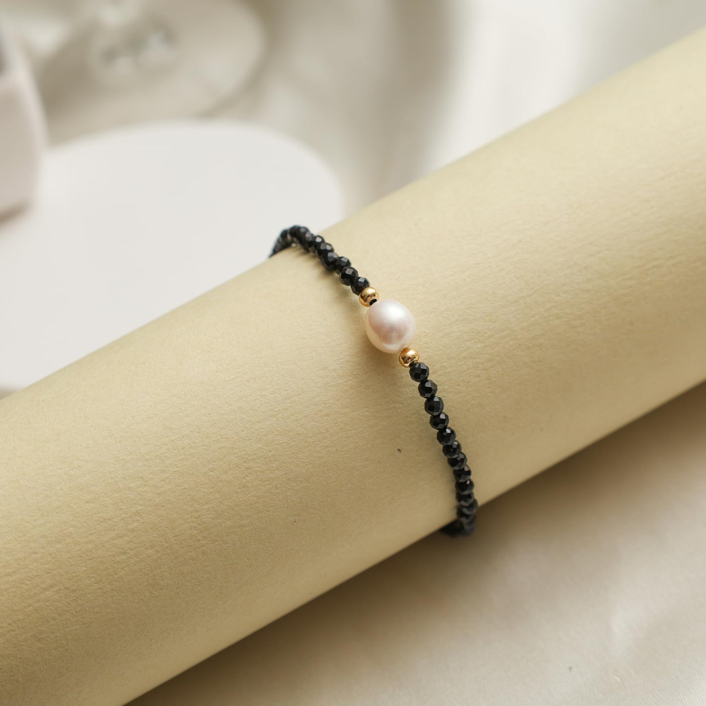 Gempires Black Spinel Beaded Bracelet with Pearl, Handcrafted Fresh Pearl and Gemstone Beads Adjustable Bracelet in 14k Hypoallergenic Gold Plated, Gift for Her (7.5 + 1 Inch Extender)