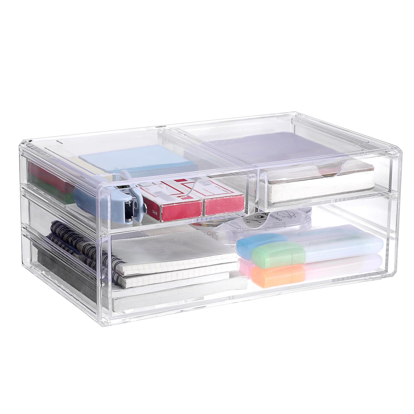 BTSKY Clear Acrylic Drawer Organizer, Stackable Container with 2 Narrow + 1 Large Drawers, Desk Organizer for Stationery Study Essentials Makeup Jewelry, Multipurpose Storage Box for Office and Home