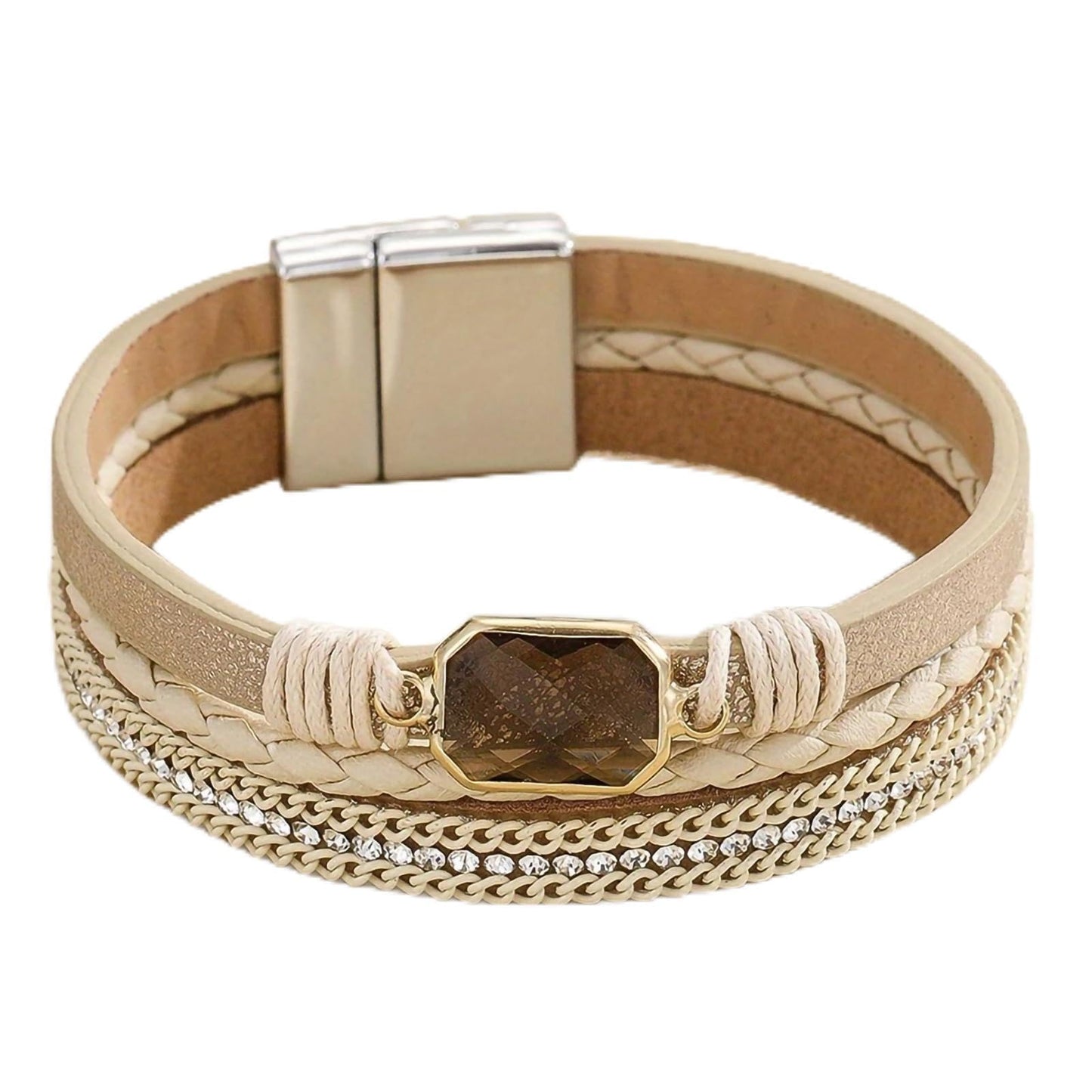 Leopard Bracelet for Women, Boho Leather Wrap Multi-Layer Pearl Crystal Bracelet Bangle Jewelry(Square Crystal(Beige))