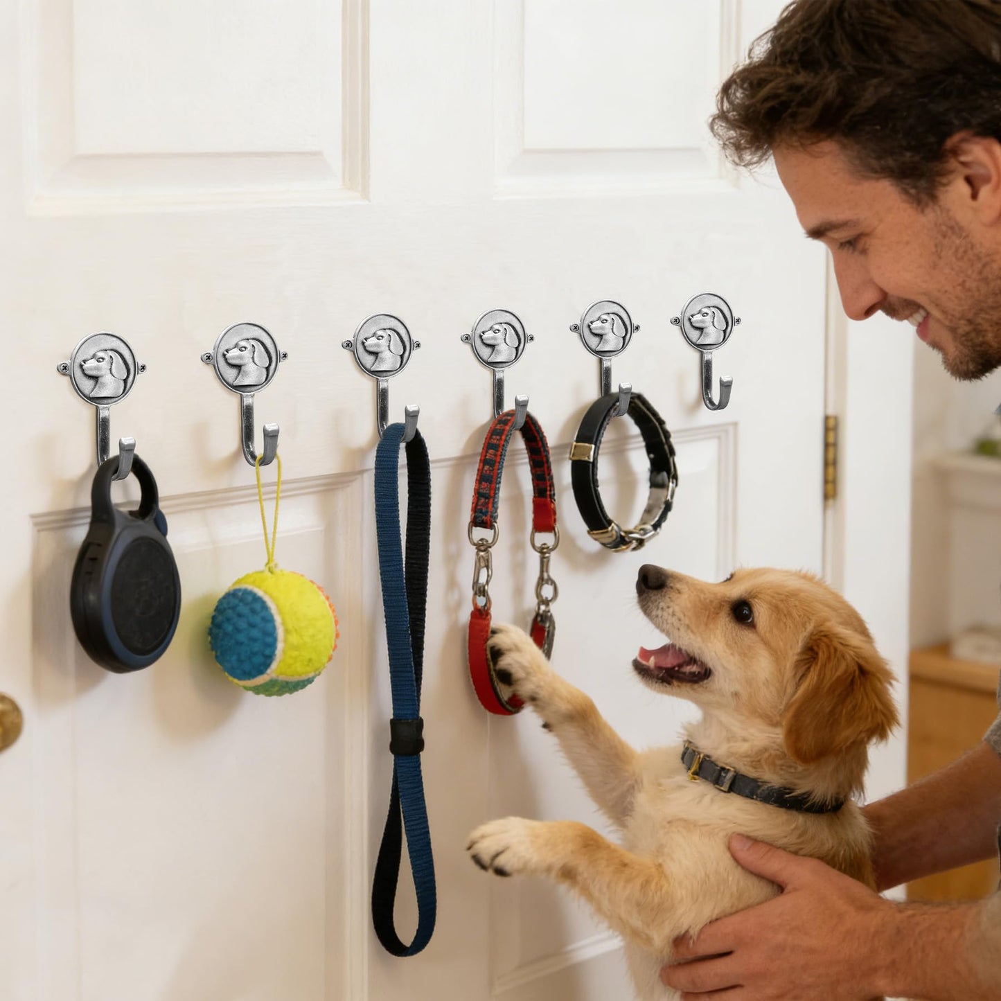 FKLOYP 6PC Dog Head Shaped Hooks Wall Mount Pet Leash Hook Cat Leash Holder for Wall Cute Coat Hooks Key Holder for Entryway Hallway Kitchen Office, Great Gift for Dog and Cat Lovers(Antique Silver)