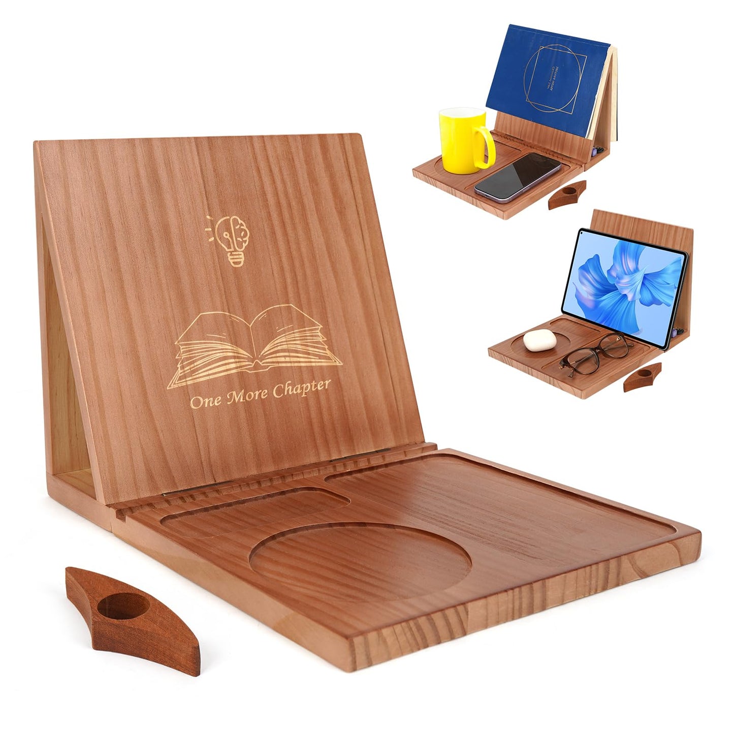 Triangle Book Holder Stand & Reading Valet, Foldable Wooden Book Rest with Cup, Phone, Glasses & Pen Holder, Includes Thumb Page Holder, Ideal Reading Accessory Gift for Book Lovers, Readers