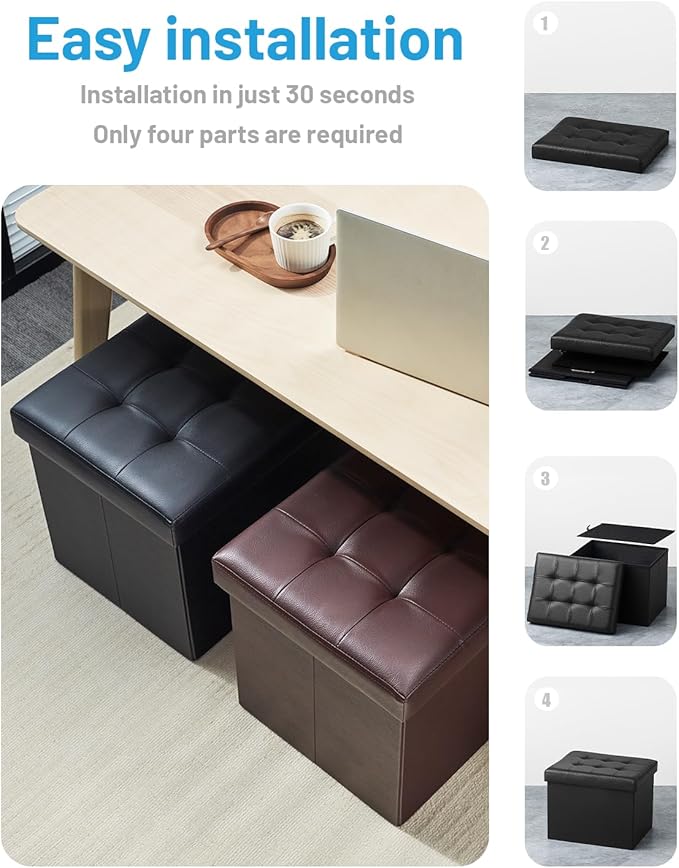 Storage Ottoman Foot Rest Stool, Small Leather Storage Ottomans Bench, Folding Foot Stool with Handles Lid, Foot Rest Under Desk for Living Room Bedroom, 17x13x13 in, Black