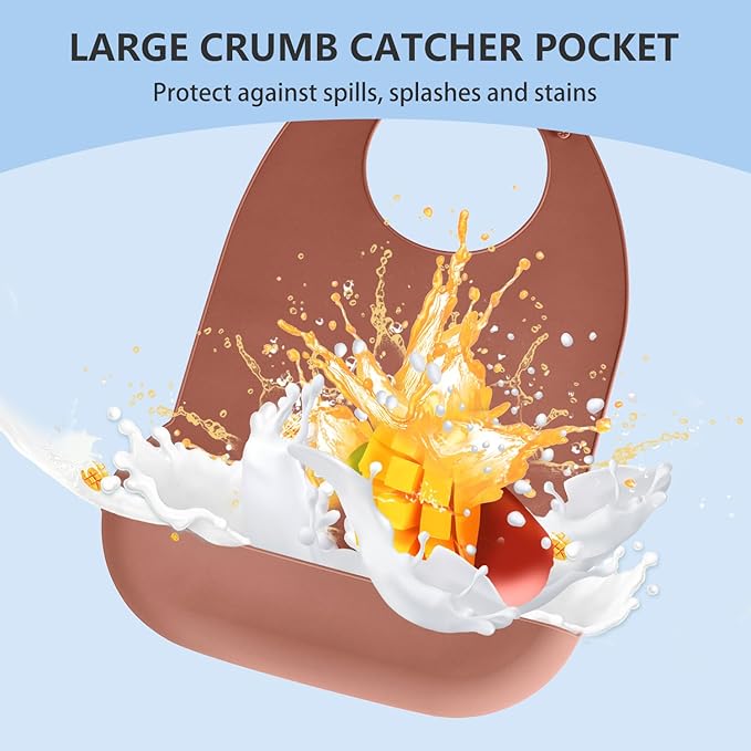 Adult Bibs for Men Women Elderly Adjustable Washable Silicone Adult Bibs for Elderly with Crumb Catcher (Brown)