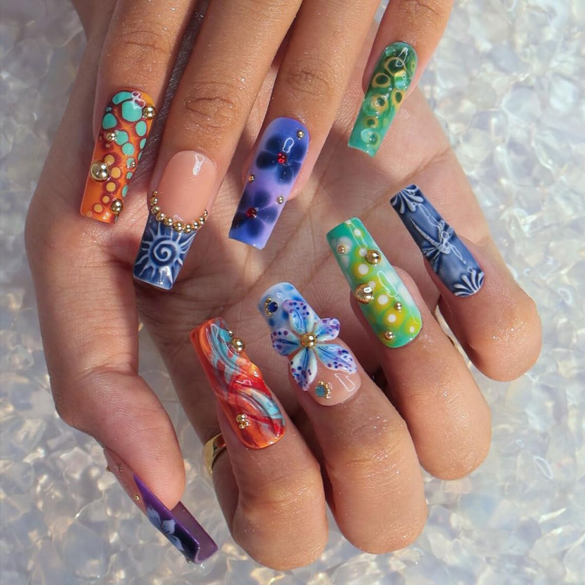 plalely Long Square Press on Nails,Handmade Acrylic Press on Nails with Designs，Long Press on Nail for Women 24pcs