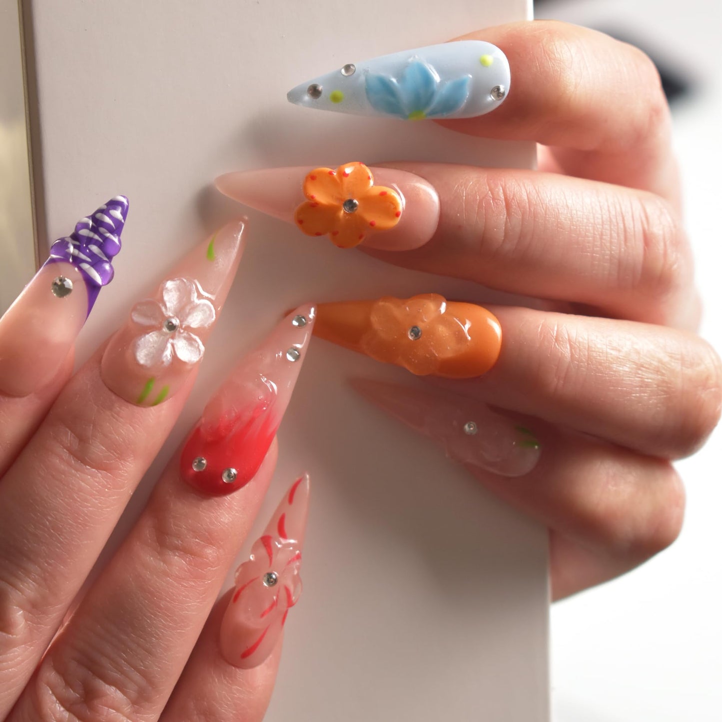 LIFOOST Handmade Press On Nails Long Stiletto Fake Nails Glue Stick On Nails with Flowers Bling Rhinestones