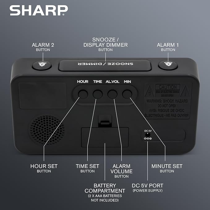 Sharp Digital Alarm Clock, 3" Jumbo Red LED, Dual Alarm, Battery Backup