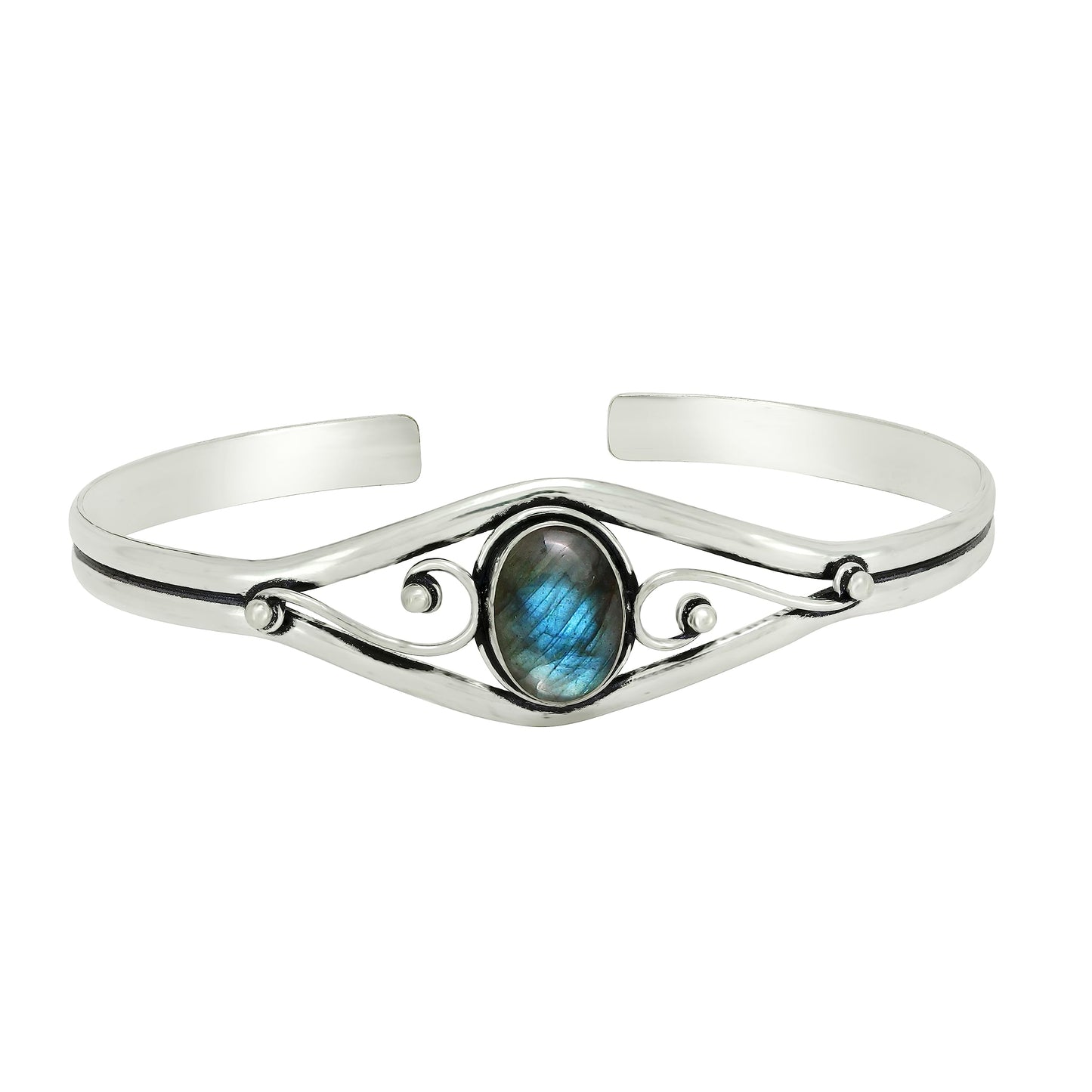 925 Silver Plated Natural Labradorite Cuff Bangle Bracelet for Women – Handmade Open Bangle – Green Blue Fire Gemstone Statement Jewelry – Gift for Her
