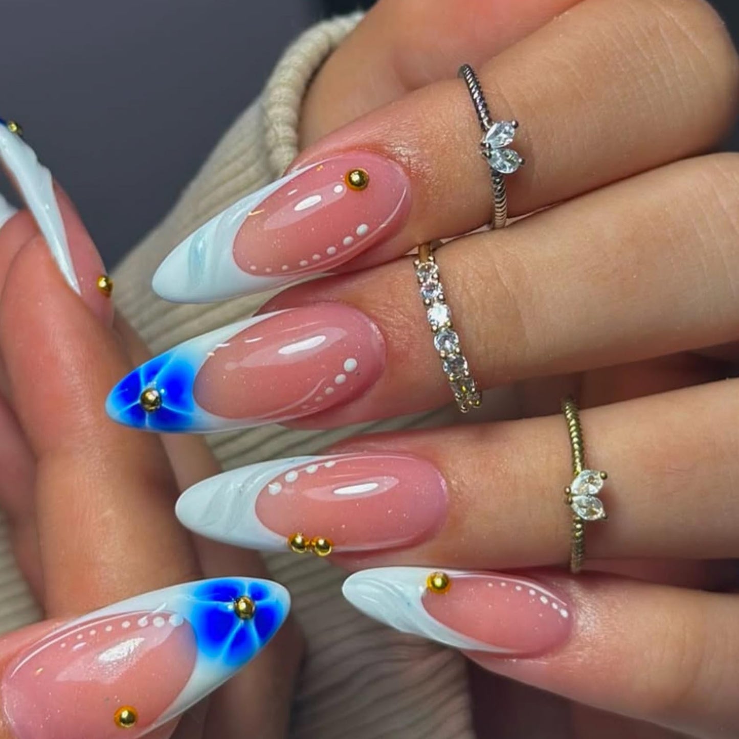 Medium Press on Nails Almond Fake Nails BlueFalse Nails French Artificial Nails with Floral Designs Summer Handmade Nails Stick on Nails for Women 24pcs