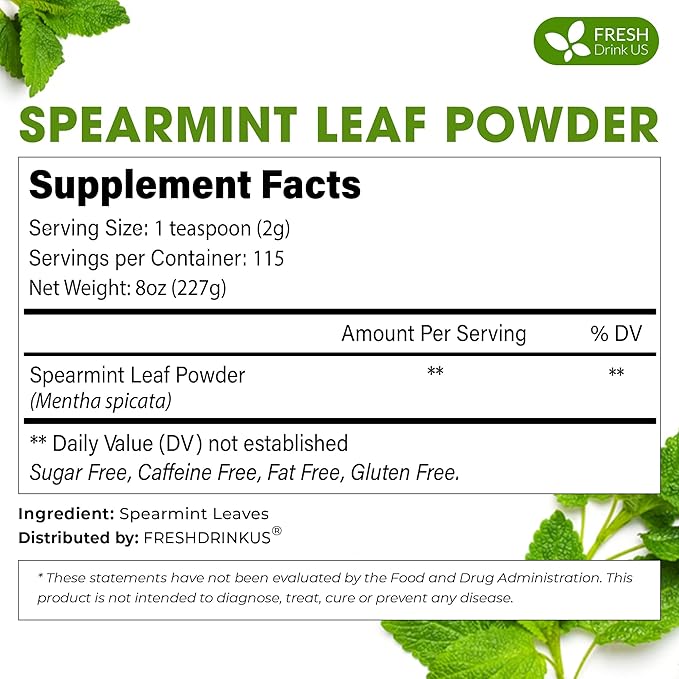 FreshDrinkUS, Premium Spearmint Leaf Powder 8oz – Pure Natural Mint Powder for Tea, Smoothies, Cooking, and Baking – Resealable Pouch
