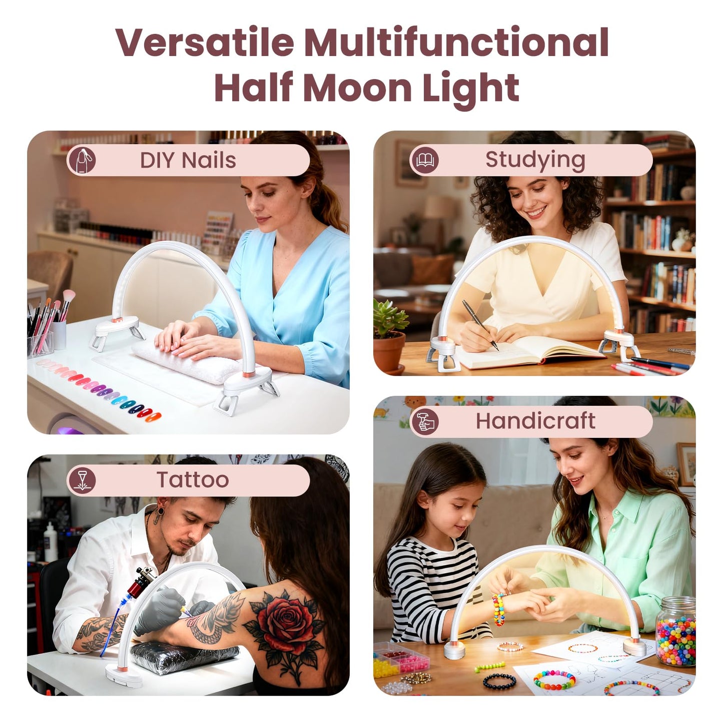 Yokilly Arc Half Moon Light: 16" Half Moon Light with Foldable Bracket for Desk Salon Table Use - No Flicker & Shadow-Free Desk Lamp with Stepless Brightness 3000-6500K for Manicurist Nail Tech