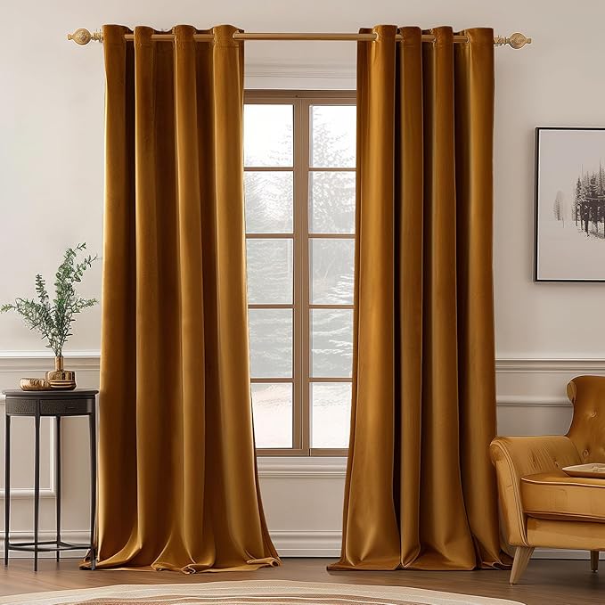 MIULEE Velvet Curtains Golden Brown Elegant Grommet Curtains Thermal Insulated Soundproof Room Darkening Blackout Drapes for Nursery Living Room Bedroom Decor 52 x 84 Inch Long Set of 2