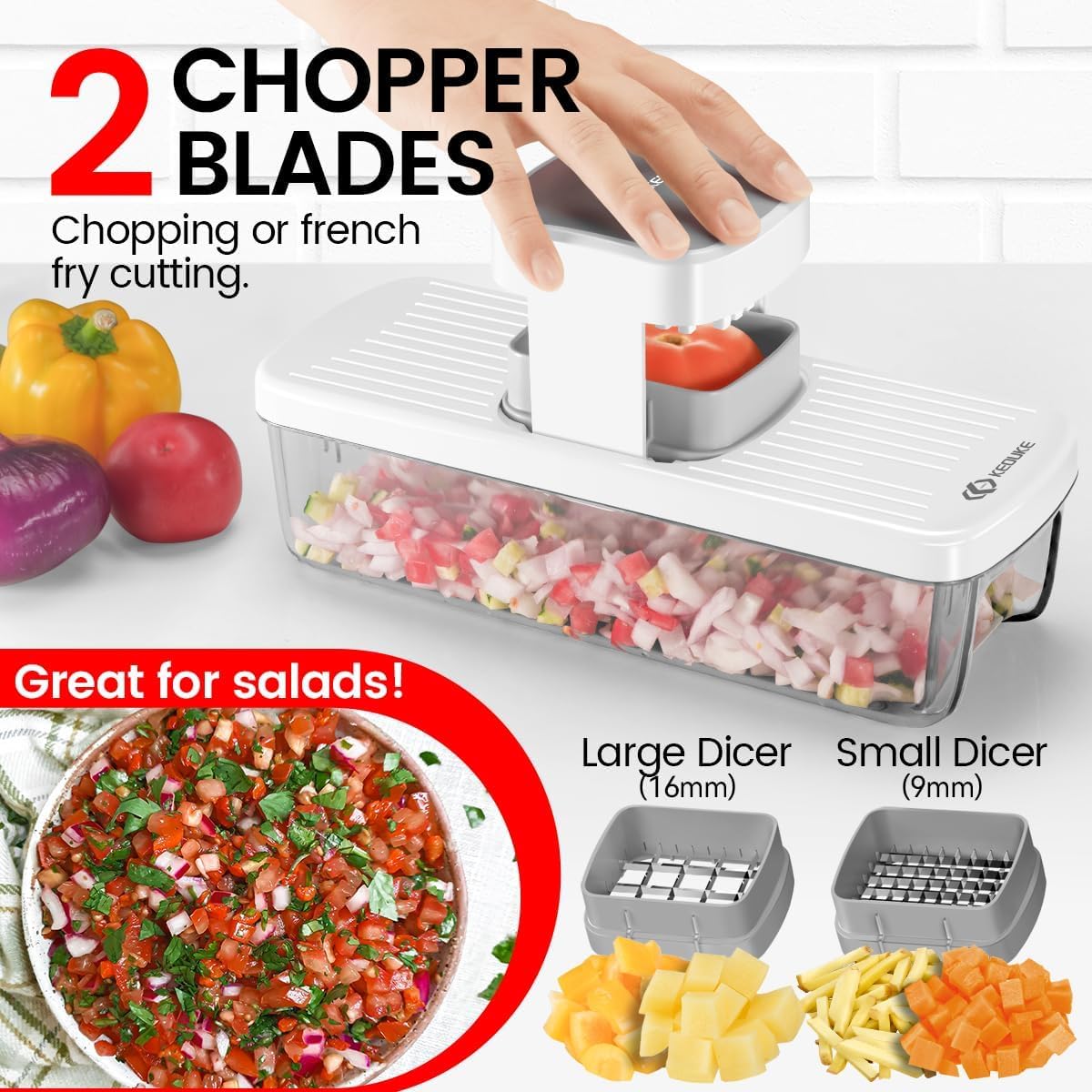 KEOUKE 8-in-1 Vertical Vegetable Chopper Mandoline Slicer with Container White - Safe Tap Out Dicer with Hand Guard for Kitchen Easy Food Prep, Onion Potato Veggie Fruit