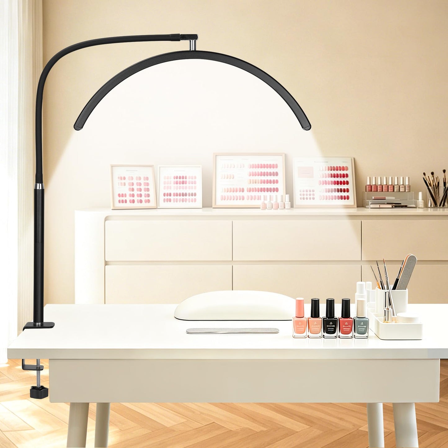 Half Moon Light for Nail Desk - Professional Shadowless LED Manicure Lamp with Clamp, 3 Color Modes & 10 Brightness Levels, Eye-Caring Beauty Lamp for Eyelash Extensions, Tattoo, Estheticians