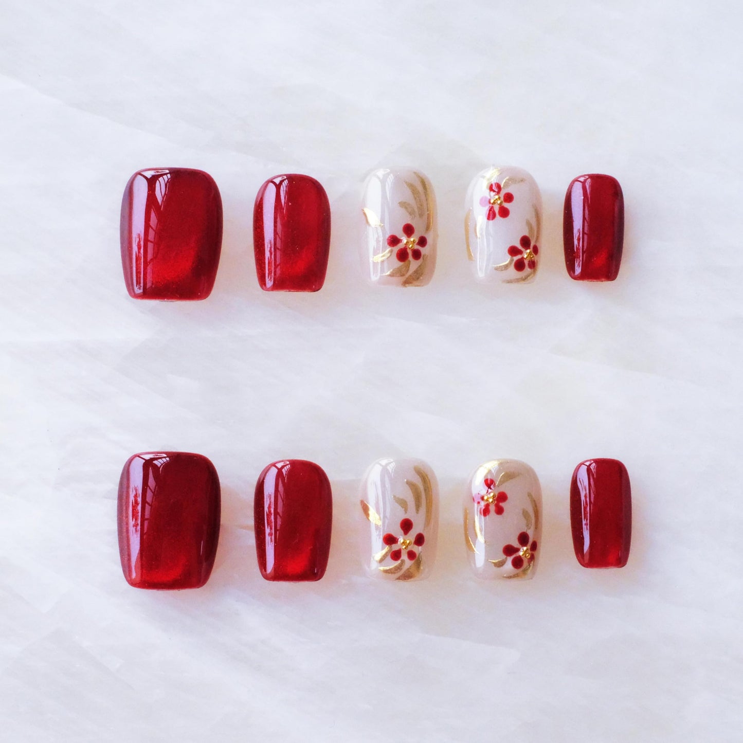 GLORS Press on Nails, Red Plum Embroidery Cat Eye False Nails with Gold Floral Design, Short Square Shape, 10 Pieces (XS, SS)
