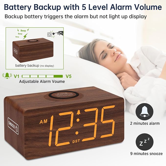 DreamSky Wooden Digital Alarm Clock with Wireless Charging for Bedroom