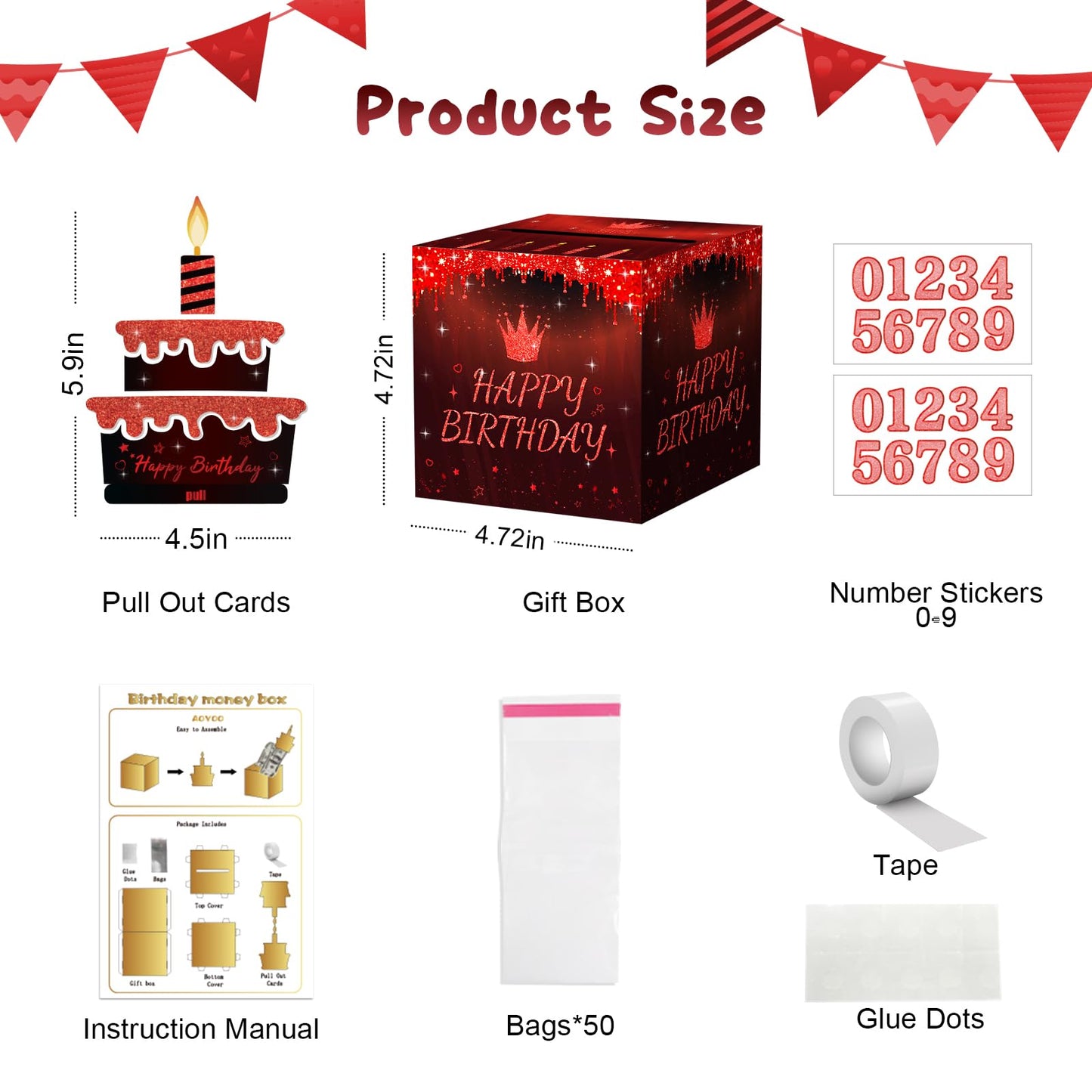 AOYOO Black Red Birthday Money Box for Cash Gift, Surprise Explosion Pop Up Gift Box with 0-9 Number Stickers for DIY Custom Age 18th 21st 30th 50th, Funny Cash Pull Party Supplies for Men Women