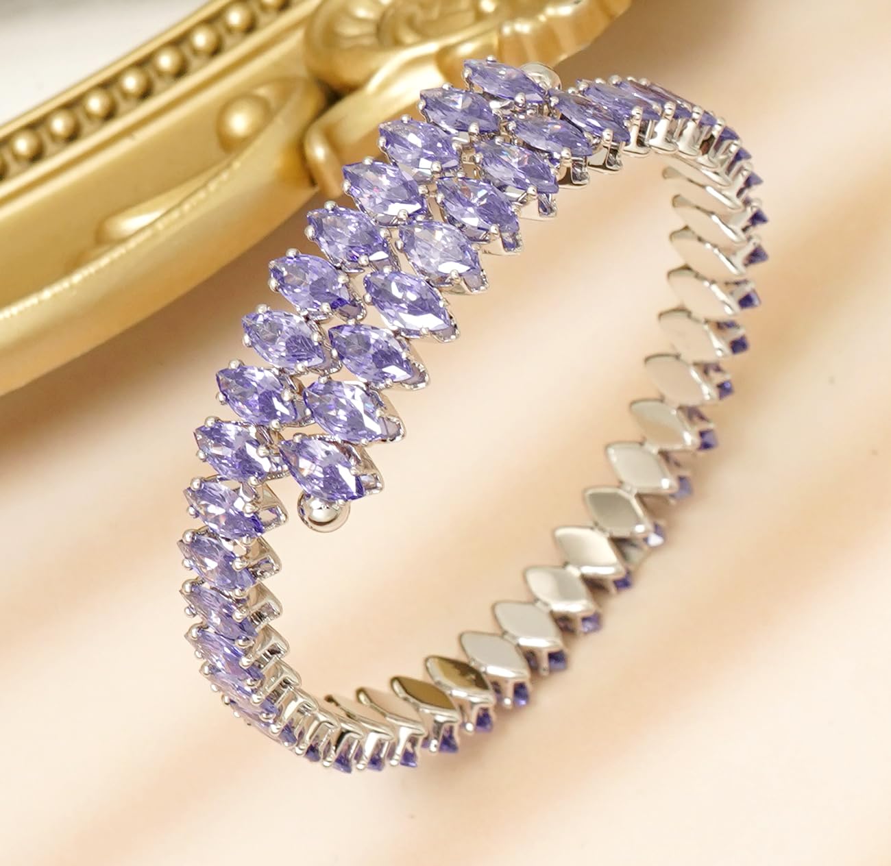 Wovanoo Rhinestone Cuff Bracelet Cubic Zirconia Tennis Bracelets Open Adjustable Bangle for Women Silver Purple