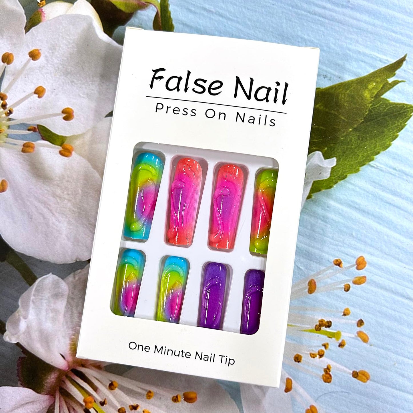 CJDLTS 3D Stereoscopic French Press on Nails - Long Square Coffin Colorful False Full Cover Artificial Acrylic Stick on DIY Glue on for Women - Manicure Kit 24Pcs