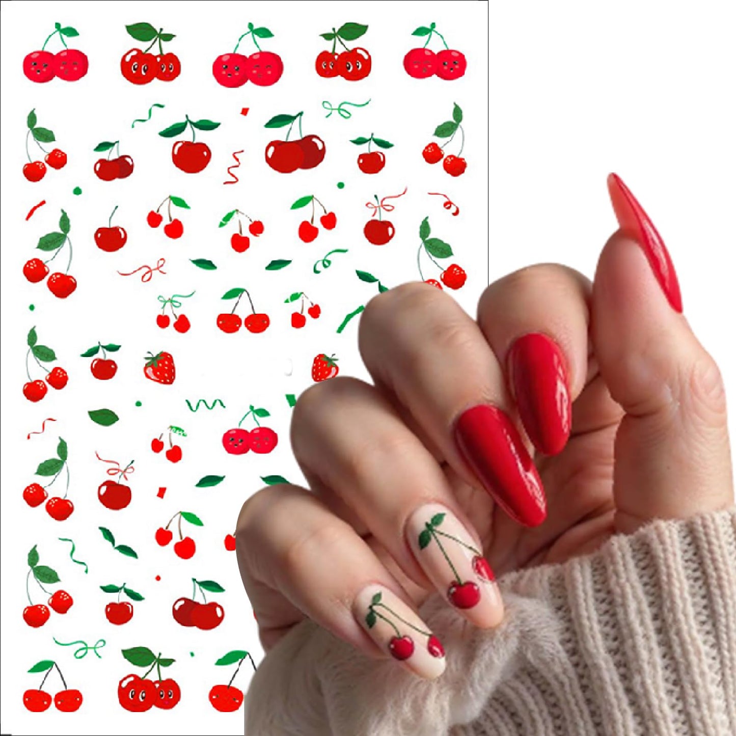 6 Sheets Summer Cherry Nail Art Stickers Cute Bunny Bowknot 3D Fruit Cherry Strawberry Design Suitable for Women and Girls Acrylic Nail Art Decoration