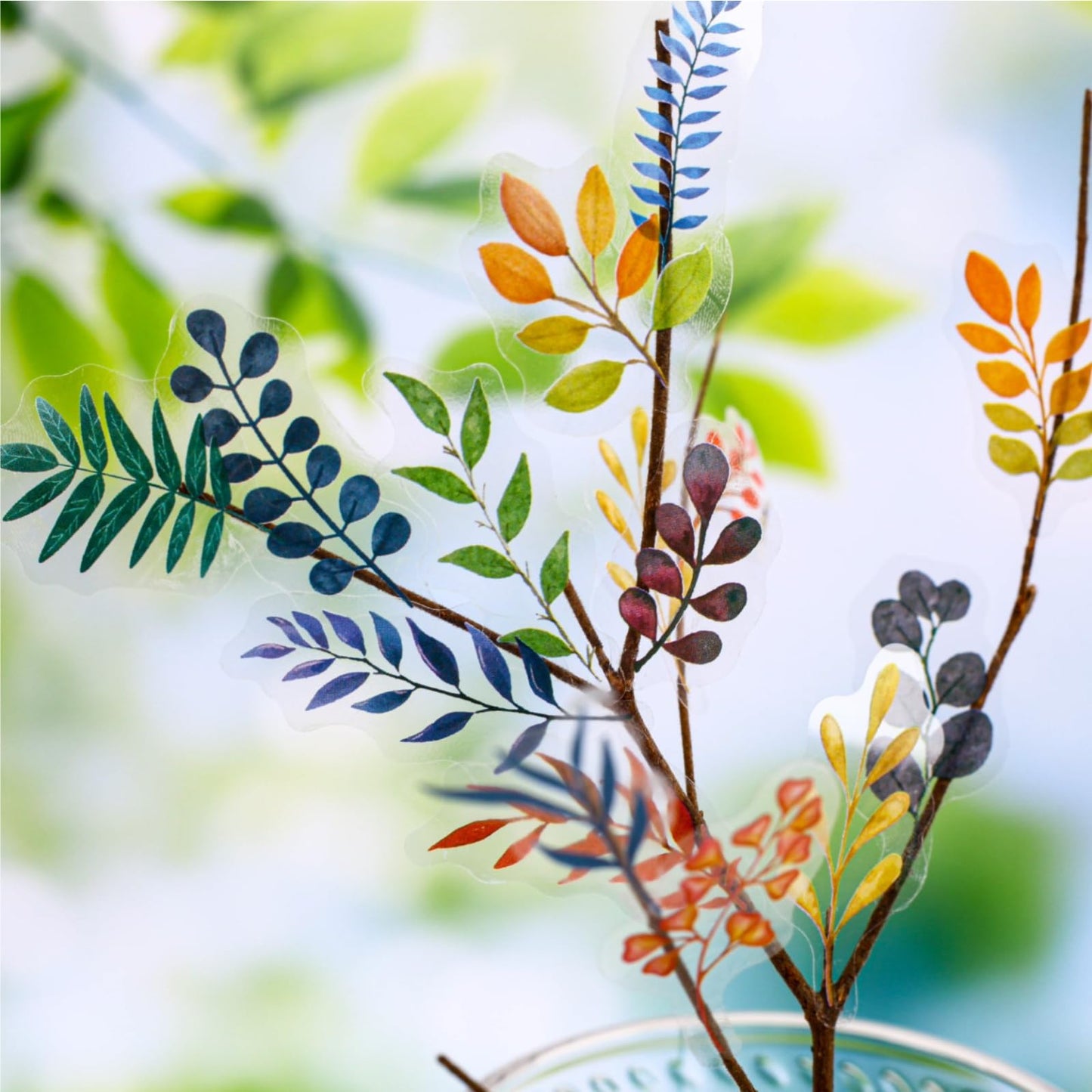 Doukado 180 Pcs Watercolor Leaf & Branch PET Stickers, 6 Packs Aesthetic Botanical Foliage Decals with Brushstroke Background Strips, Transparent Nature Ephemera for Junk Journal, Scrapbooking & DIY