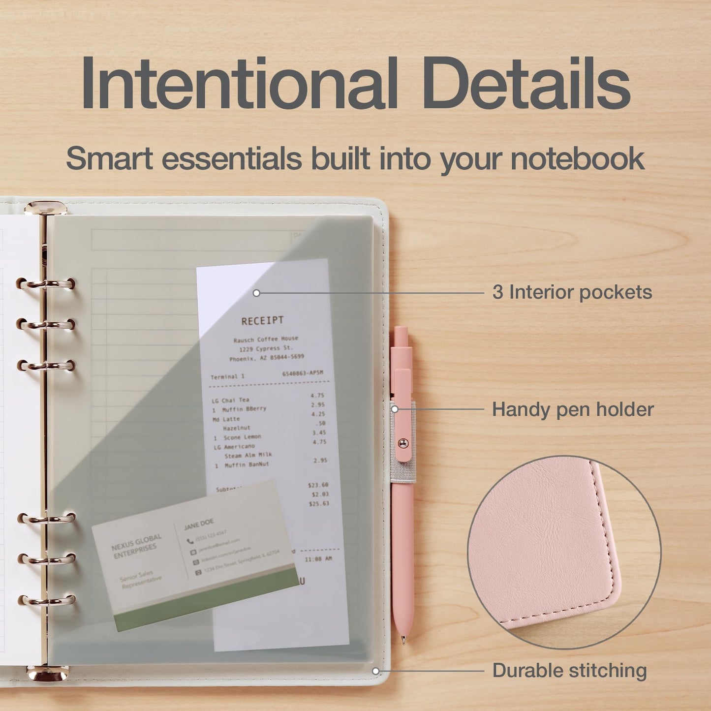 Oxford 6-Ring Professional Notebook, 7 x 9 Inch, Refillable Notebook, Writing Journal, Ivory Paper, 100 Sheets, Blush Pink Faux Leather Cover (90005)