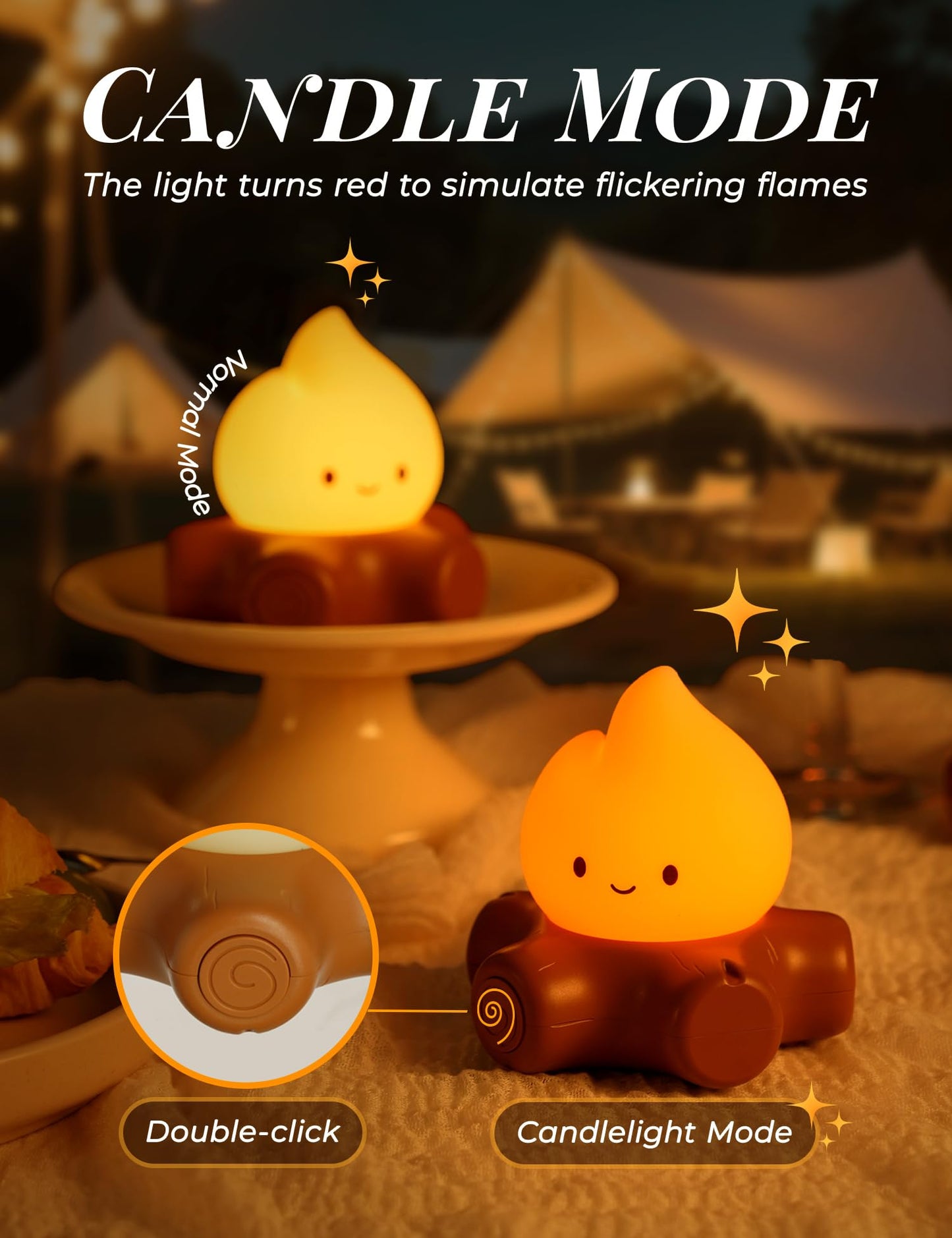 BANDIANCY Chibi Campfire Night Light, Silicone, LED Flickering Flame Lights, Dimmable, Rechargeable Bedside Nightlight, Anime Kawaii Lamp Décor