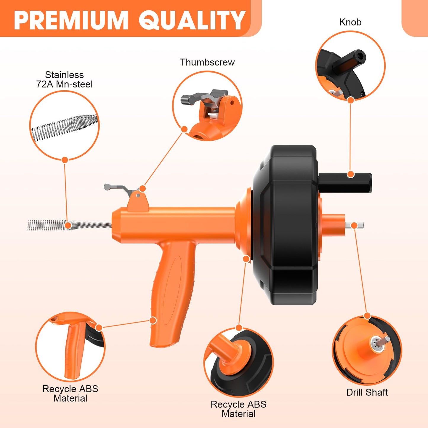 Drain Snake, Drain Auger with Drill Attachment, 25 Feet Plumbing Snake Auto Feed Flexible Hair Drain Clog Remover for Kitchen, Bathrom and Shower Sink with Gloves