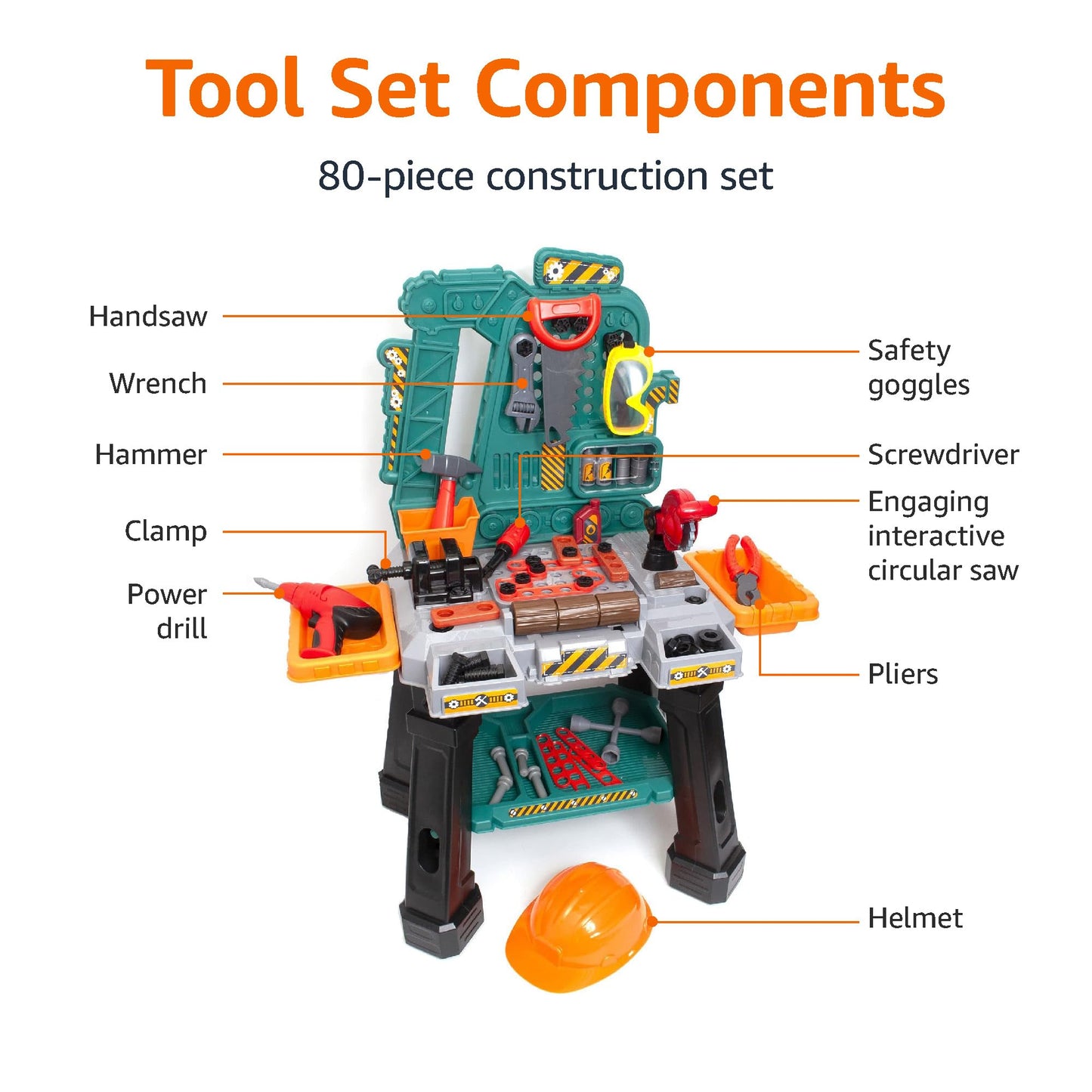 Amazon Basics Kids Workbench Construction Toy, Pretend Play Tool Set with 80 Pieces, Educational Interactive Playset, Play Helmet & Safety Goggles, for Ages 3 and Up, Multicolor, Medium