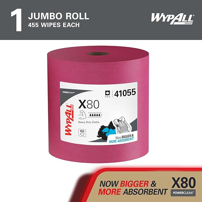 WypAll PowerClean X80 Cloths Heavy Duty Wipes (41055), Jumbo, Extended Use Towels, Red (1 Roll of 455 Sheets, 455 Sheet Total)