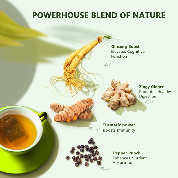 Olinda Turmeric Ginger & Ginseng Organic Herbal Tea 100 Tea Bags Caffeine-Free Stomach-Friendly Digestive Tea Brew Hot or Iced Tea Gift for Women & Tea Lovers