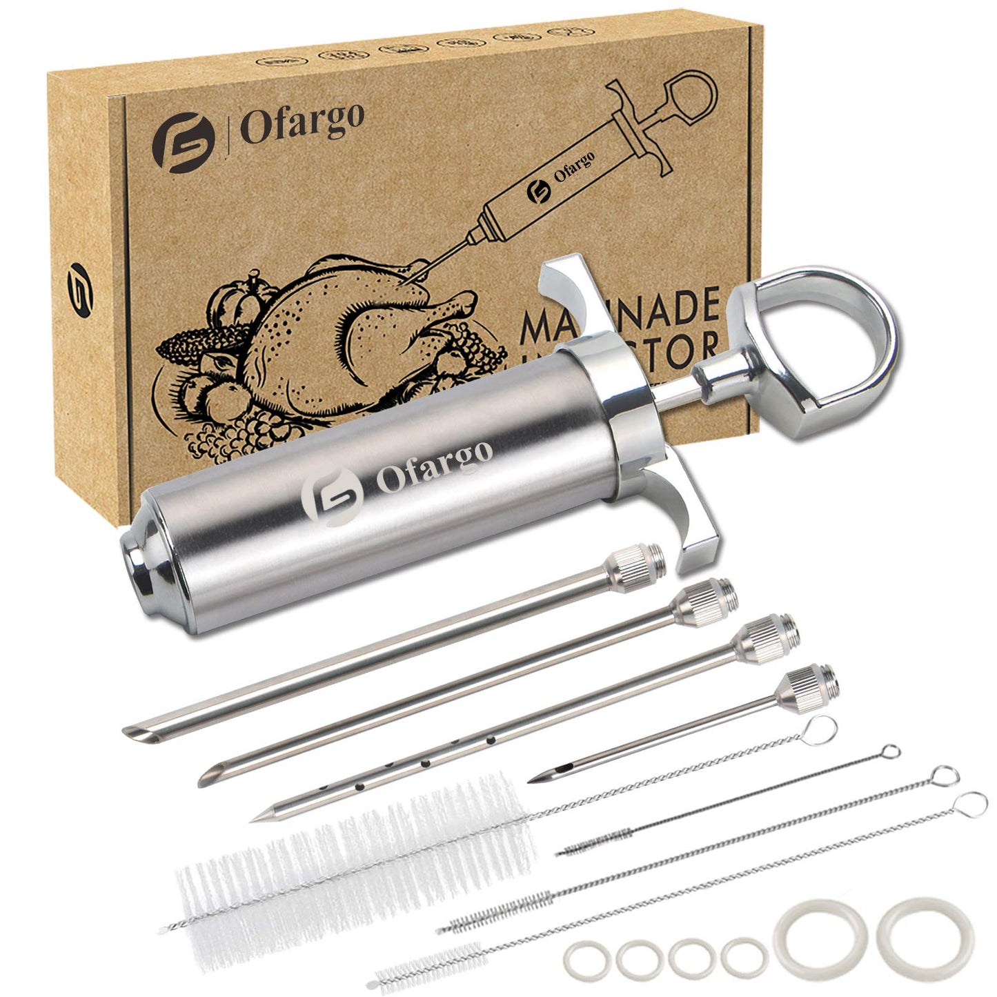 Ofargo Stainless Steel Meat Injector Syringe Kit with 4 Marinade Needles for BBQ Grill Smoker, Mother Day Gifts for Mom Men Dad Husband Him, 2-oz Large Capacity, Both Paper User Manual and E-Book Recipe