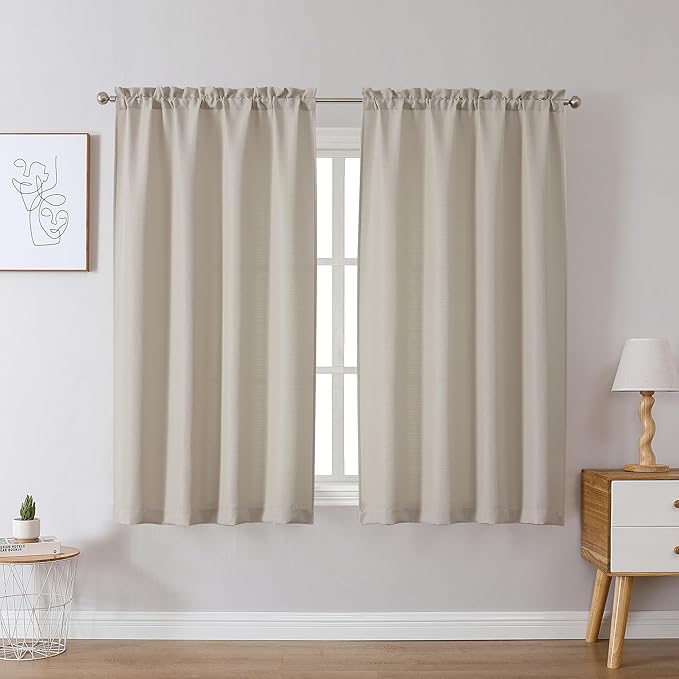 Chyhomenyc Curtains 54 Inch Length 2 Panels, Faux Linen Textured Semi Sheer Light Filtering Soft Airy Rod Pocket Window Treatment Drapes for Living Room Bedroom, Each 30 Wx54 L, Moon Beige