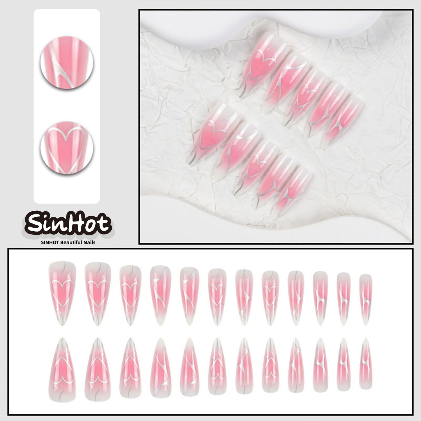 SINHOT Stiletto Press on Nails - Long Fake Nails, Glossy Finish, Pink Ombre & Silver Mesh Line, DIY Artificial False Nail Art - 24 Pcs Nail Kit with Glue