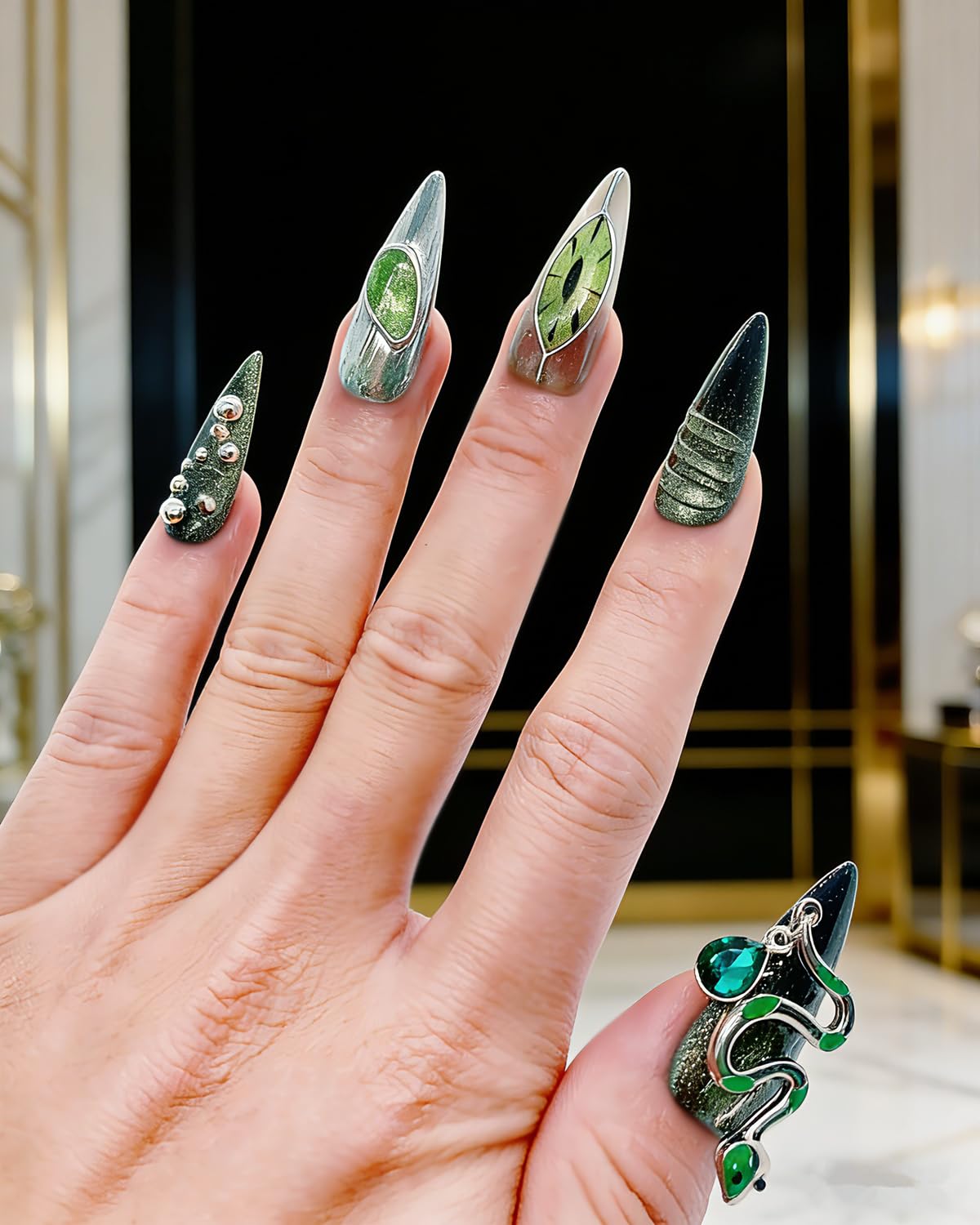CAMILCY Luxury Handmade Press on Nails Long Stiletto Green Snake Chrome Gothic Fake Nails Glossy Black Green Gradient Crystal Charm Reusable Acrylic Nails for Women 10pcs (A038, S)