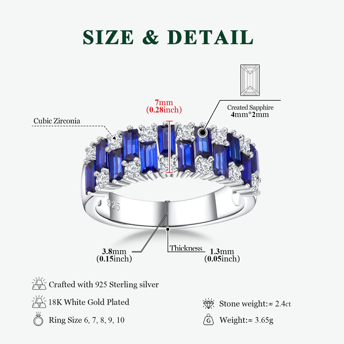 RANDES Blue Sapphire Ring Emerald Cut Eternity Band Sterling Silver Band Ring Cubic Zirconia Engagement Wedding Rings for Women Size 8
