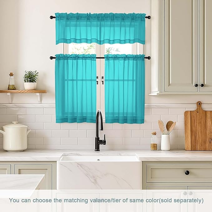 Valances for Windows 14 inch Length 2 Panels, Small Voile Sheer Curtains for Bathroom, Soft Fabric Lightweight Light Filtering Kitchen Curtains, Dual Rod Pocket, Turquoise, 2x42Wx14L Inches