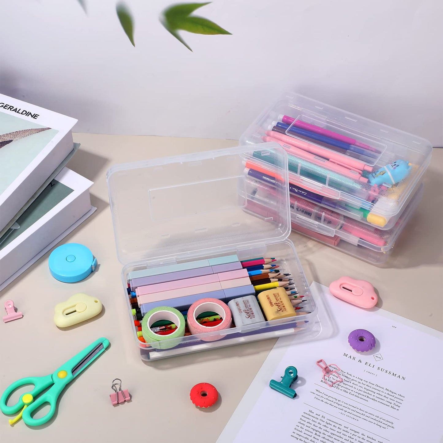 Leelosp 12 Pack Clear Pencil Boxes for School Bulk Plastic Pencil Case with Lid Hard Large Crayon Storage Box Stackable Classroom Stationery Organizer School Supplies for Adult(Clear)