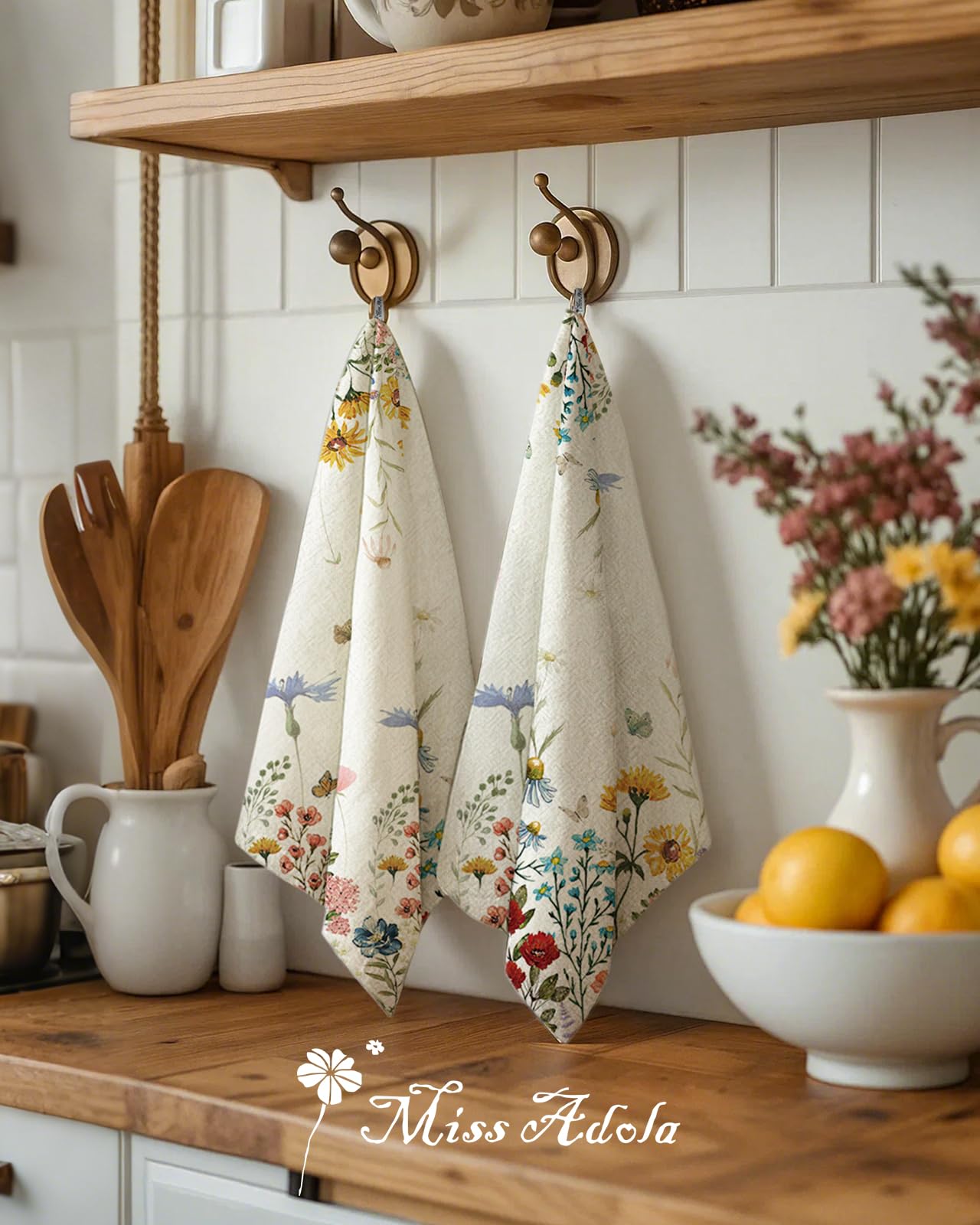 Miss Adola Flour Sack Kitchen Towels - Set of 2 Cotton Dish Towels with Hanging Loop Decorative 18x26 Inch Absorbent Cute Design for Housewarming Gifts, Retro Floral