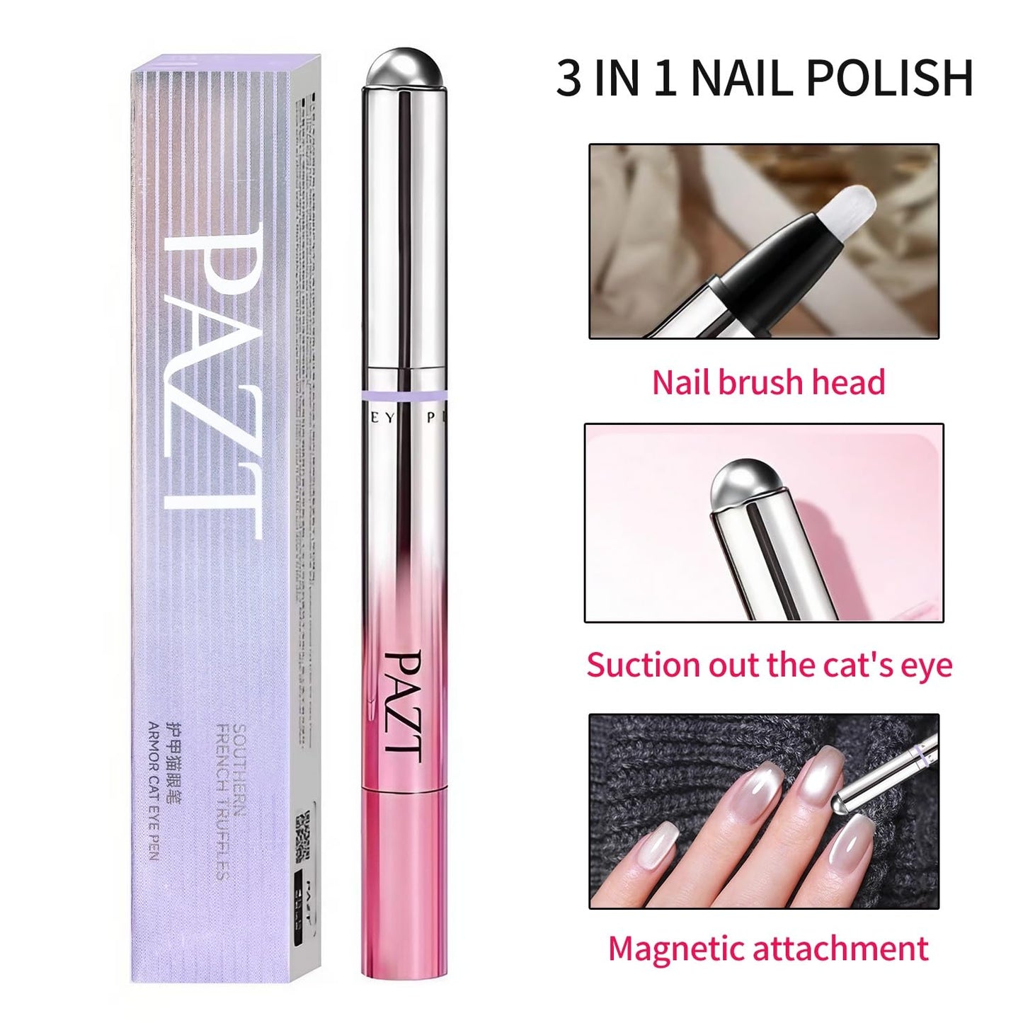 CHANLETREE 3 in 1 Multi-Use Cat Eye Nail Polish Pen with Built-in Cat Eye Magnet, LED UV Pen Light + Mini Sponge + Cleansing Pads, DIY at home Manicure Tool (brown)