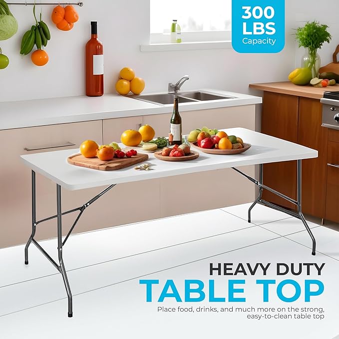 SIMPLI-MAGIC 6ft Portable Plastic Folding Table – 17% Thicker than Others – Indoor & Outdoor Heavy-Duty Foldable Utility Table w/Handle for Party & Camping (White)