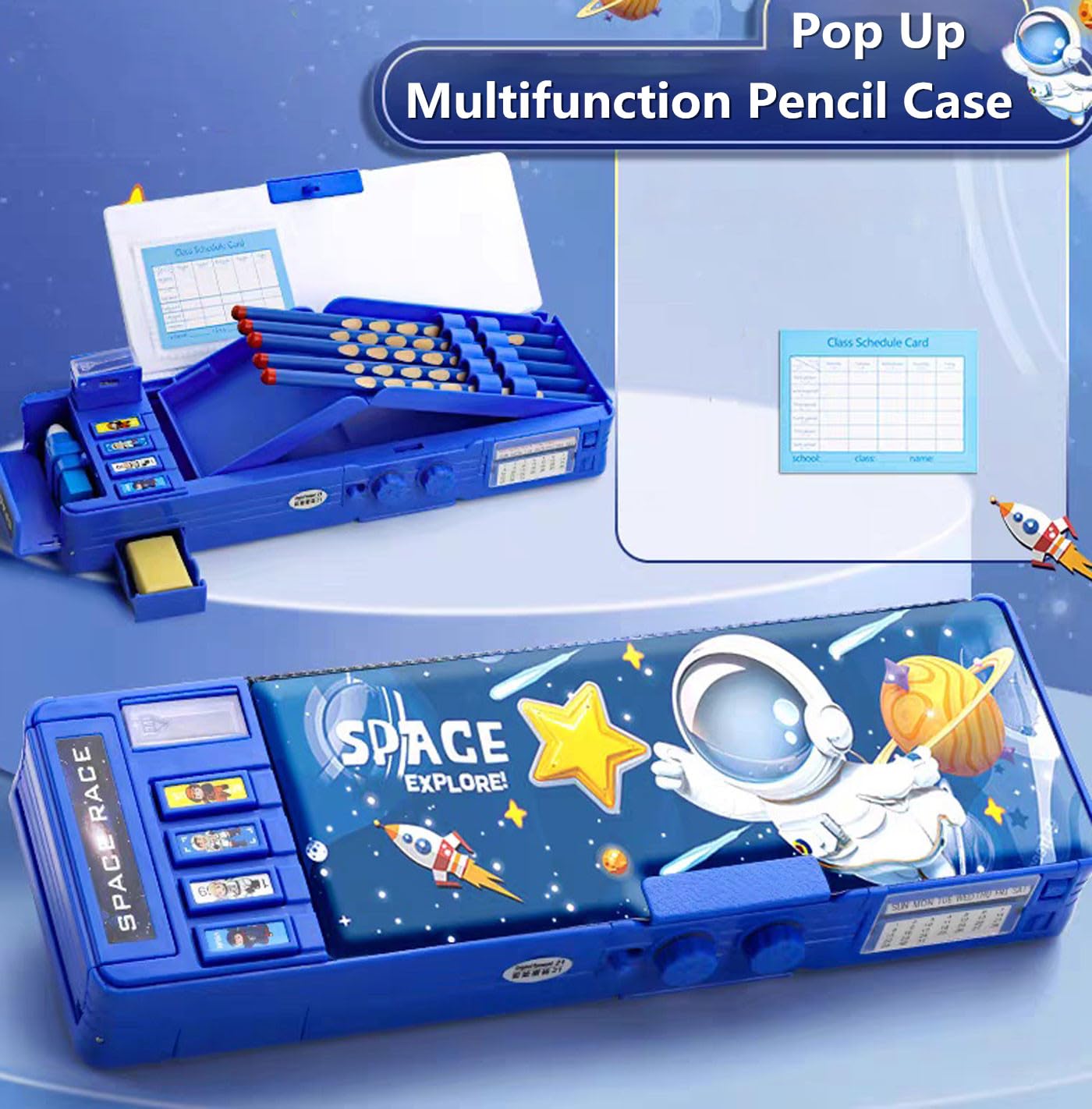 Pop up Multifunction Pencil Case for Kids Unique Stationery Set School Supplies Astronaut Pen Box for School Students Cute Pencil box for Boys with Sharpener Password Lock Schedule Whiteboard(Blue）