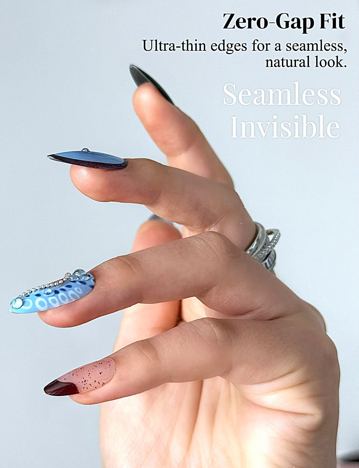 Black & Blue Press On Nails Medium Almond, Mixed Solid Colors with Rhinestone Accents, 24pcs Gel Nail Kit by Nailinism