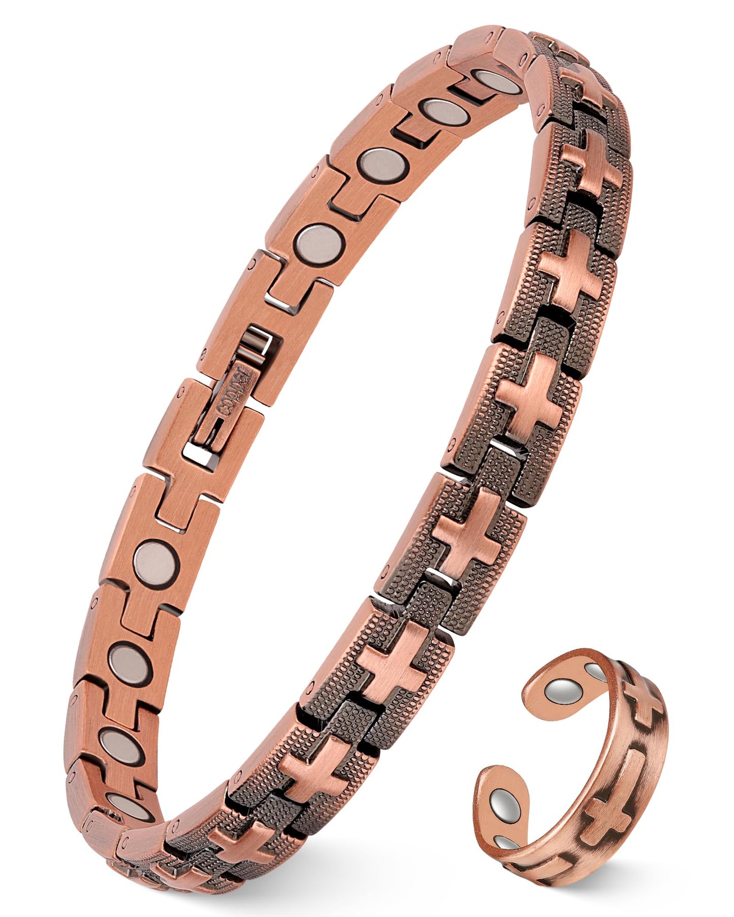 Feraco Solid Copper Bracelets & Rings for Women, Ultra Strength Magnetic Bracelet with 3500 Gauss Neodymium Magnets, Adjustable with Sizing Tool, Cross Jewelry