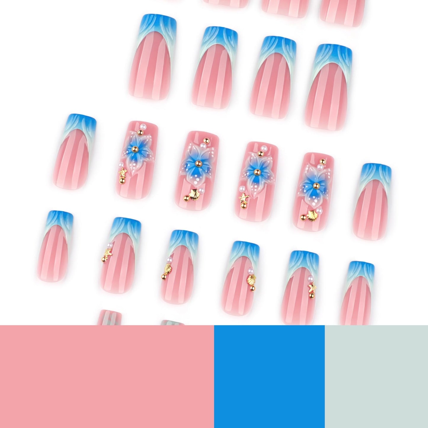 Long Press on Nails Square Fake Nails Blue Acrylic Nail Press ons Seeneey 3D Flowers and Gold Charm Designs Cute Sparkly Beach Stick on Nail for Women 24pcs