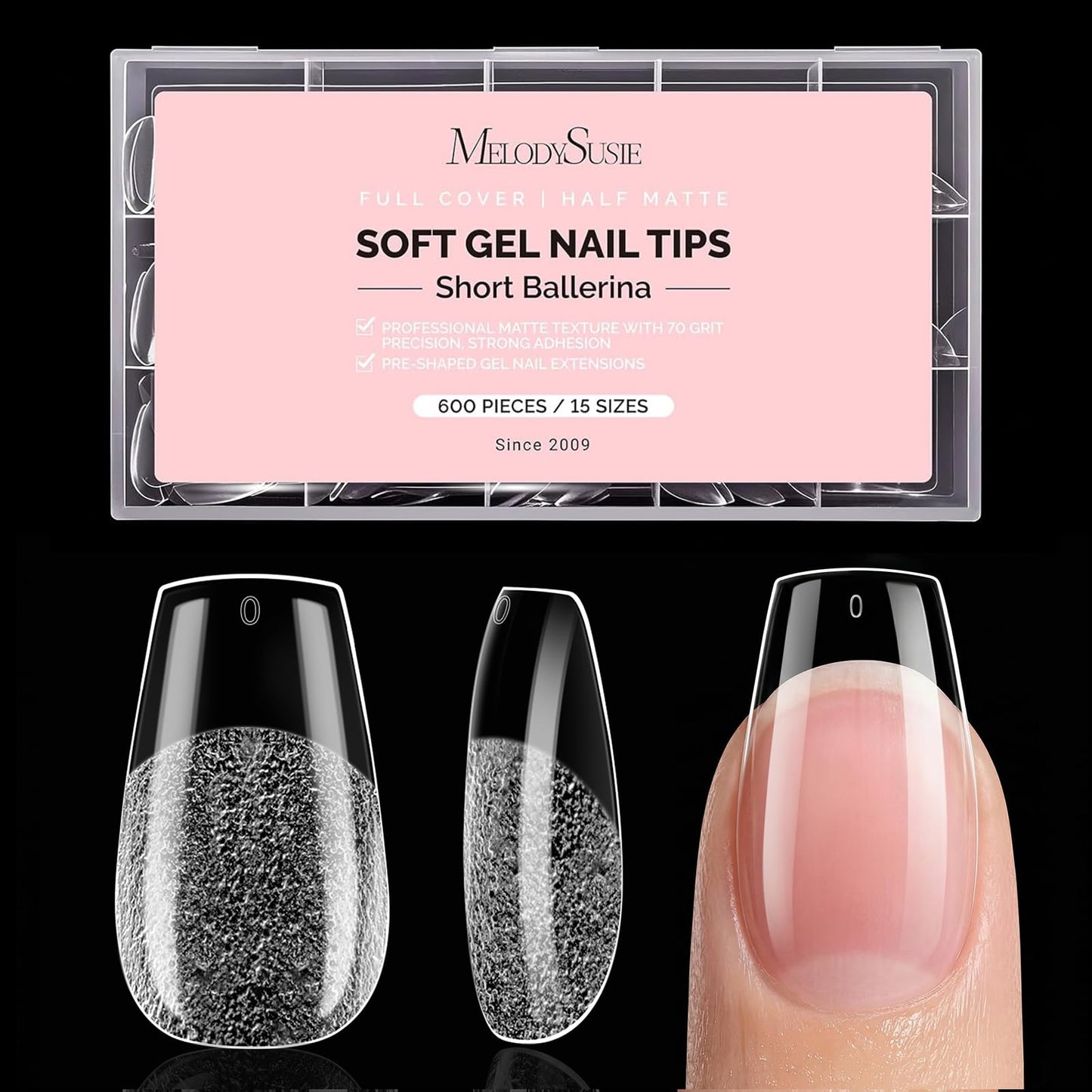 MelodySusie Short Ballerina X Nail Tips - 600Pcs 15 Sizes Clear Acrylic, Half Matte Full Cover Press on Nails for DIY Extension & Salon Use, Pre-Shaped for Long-Lasting Manicure